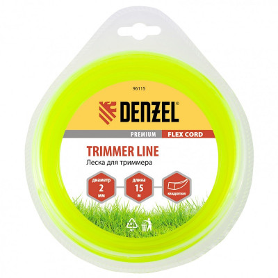 Леска для триммера, квадрат 2 мм х 15 м, блистер Flex cord 96115 DENZEL
