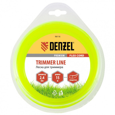 Леска для триммера, квадрат 2,4 мм х 15 м, блистер Flex cord 96116 DENZEL